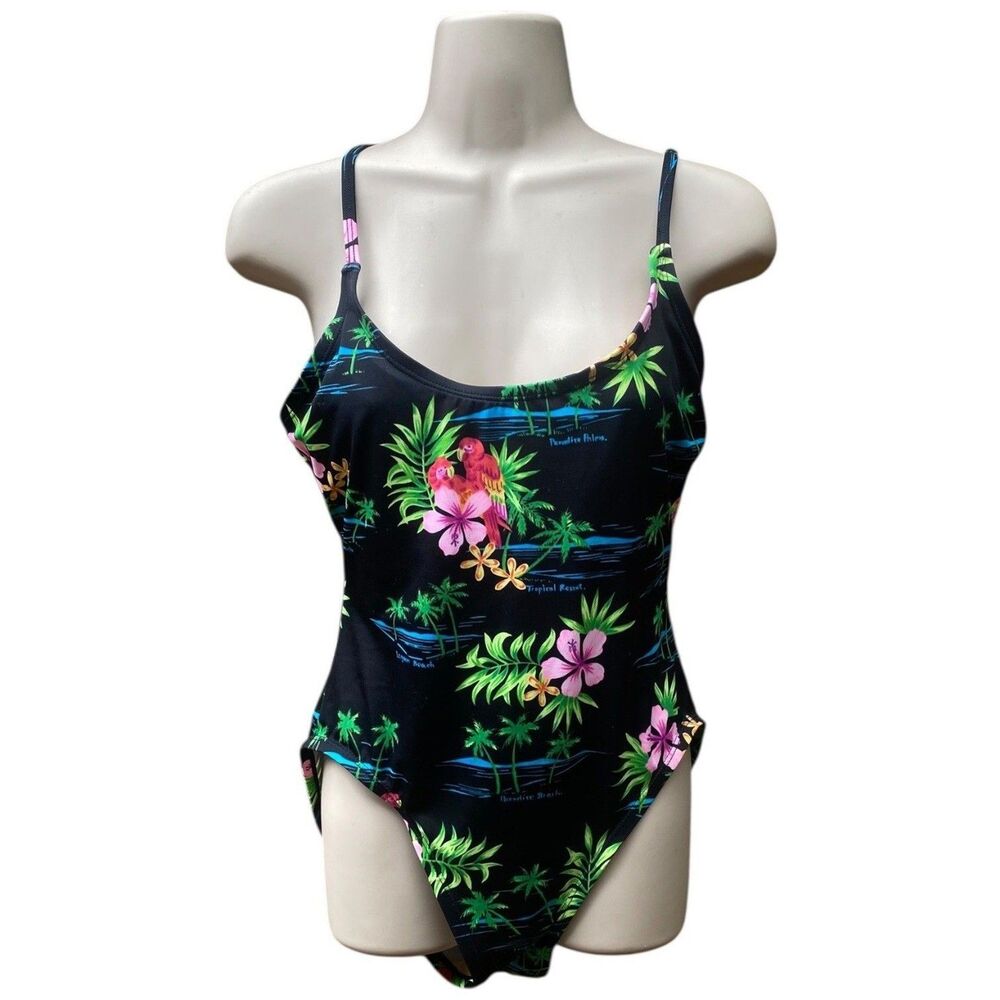 Vtg Paradise Beach Tropical Swimsuit M One Piece Parrots Hibiscus Palm Resort